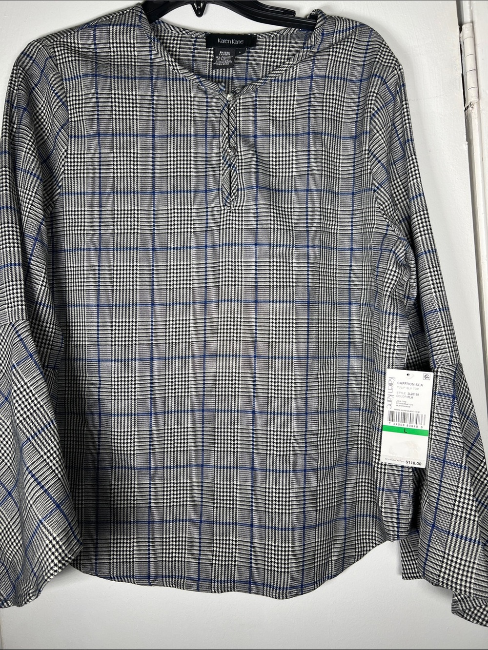 Karen Kane Grey Plaid Long-Sleeve Shirt with Blue Windowpane